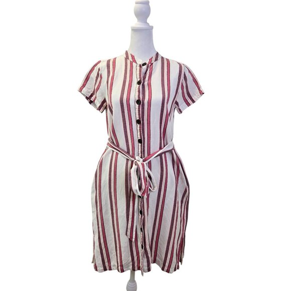 Loft Linen Blend Striped Belted Shirt Dress Size 2 Petite - Picture 1 of 6